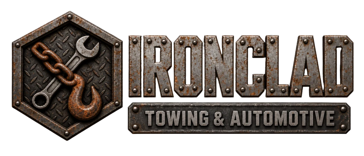 Ironclad Towing & Automotive — chain, tow hook and wrench emblem